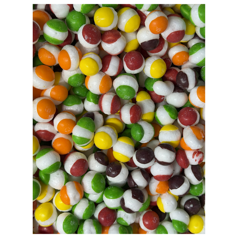 Jar of Alien Crunch freeze-dried candy with colorful crispy fruit-flavored pieces for a fun and crunchy treat