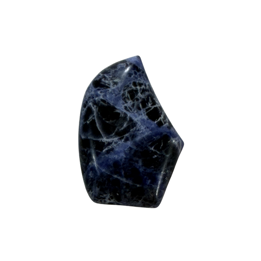 Close-up of a polished natural Sodalite cabochon showcasing deep blue hues, natural white marbling, and a glossy finish.