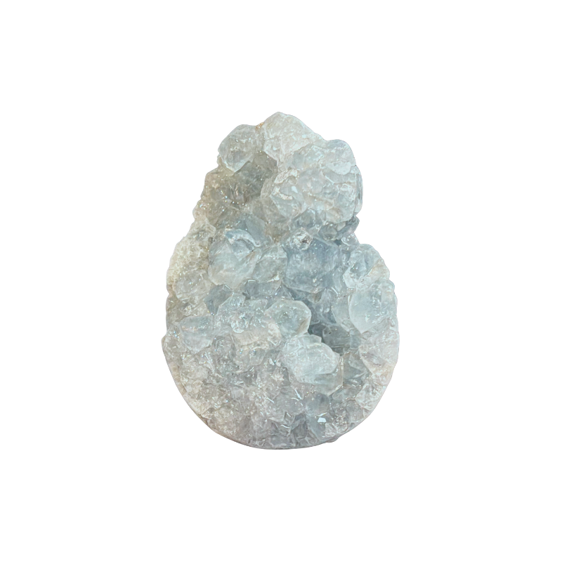 Natural pale blue Celestite geode with sparkling crystal formations and rounded mineral base