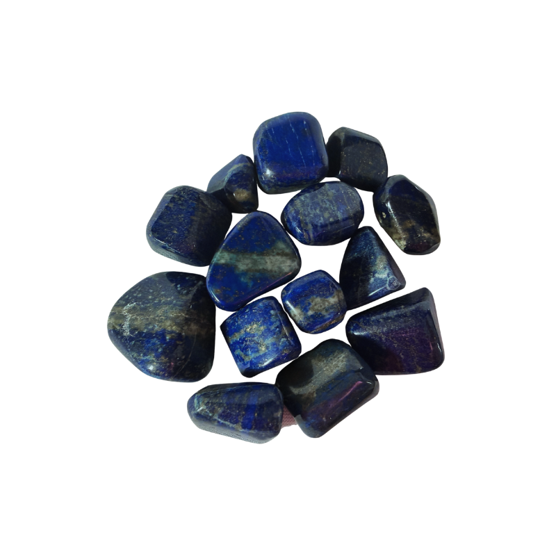 High-grade Lapis Lazuli tumbled stones with rich royal blue color, natural golden pyrite flecks, and polished surfaces