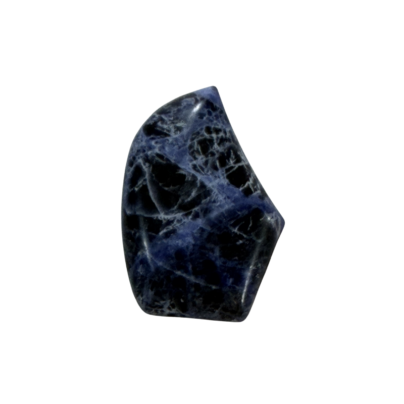 Close-up of a polished natural Sodalite cabochon showcasing deep blue hues, natural white marbling, and a glossy finish.