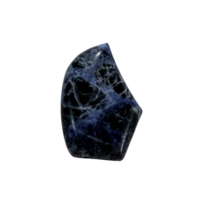 Close-up of a polished natural Sodalite cabochon showcasing deep blue hues, natural white marbling, and a glossy finish.