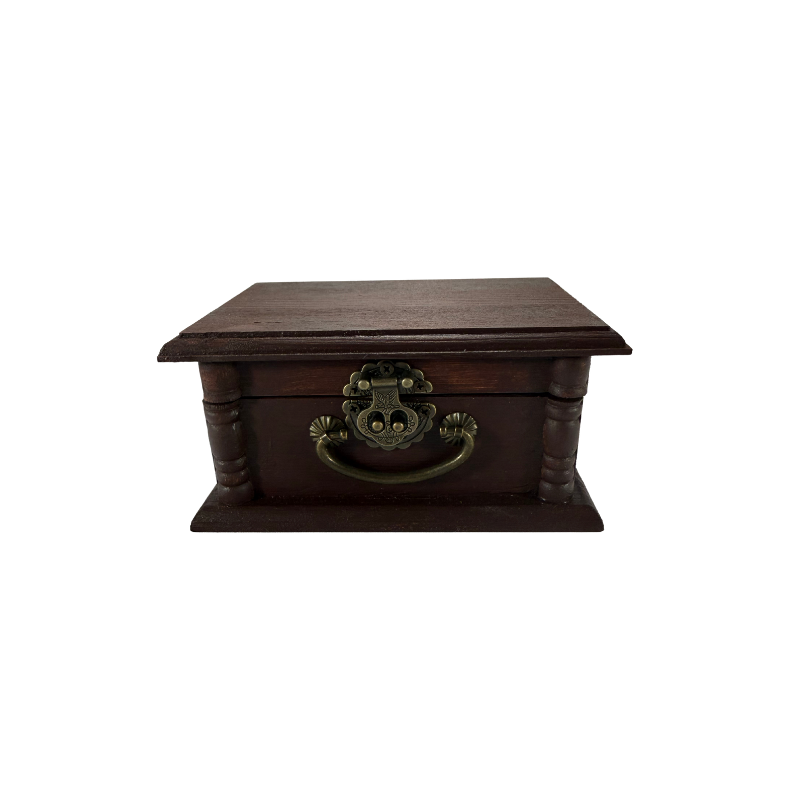 Burnt umber wooden stone treasure box with antique-style latch and handle, available with optional custom engraving