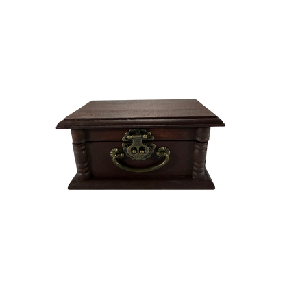 Burnt umber wooden stone treasure box with antique-style latch and handle, available with optional custom engraving