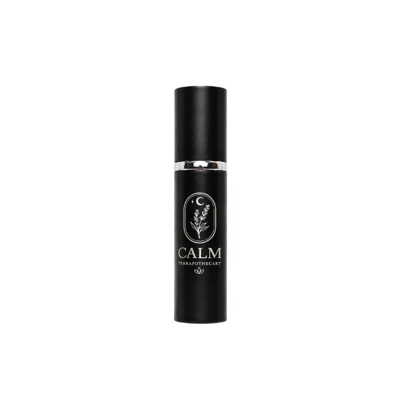 Calm essential oil blend in a 10 ml spray bottle crafted with pure essential oils to promote relaxation and a peaceful atmosphere.