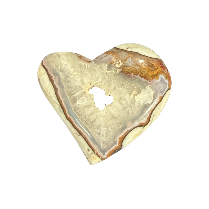 Heart-shaped Chalcedony Agate cabochon featuring natural cream, tan, gray, and brown banding with a polished finish for jewelry making.