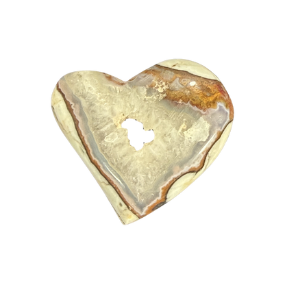 Heart-shaped Chalcedony Agate cabochon featuring natural cream, tan, gray, and brown banding with a polished finish for jewelry making.
