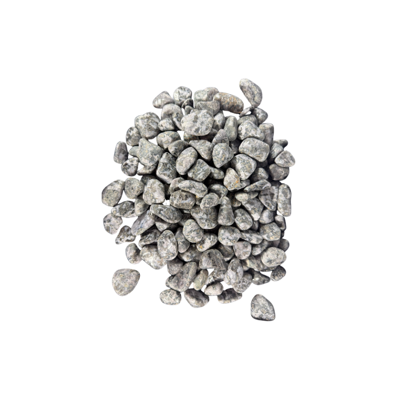 Natural Indigo Gabbro tumbled stones with black, charcoal gray, silver, and deep violet coloring