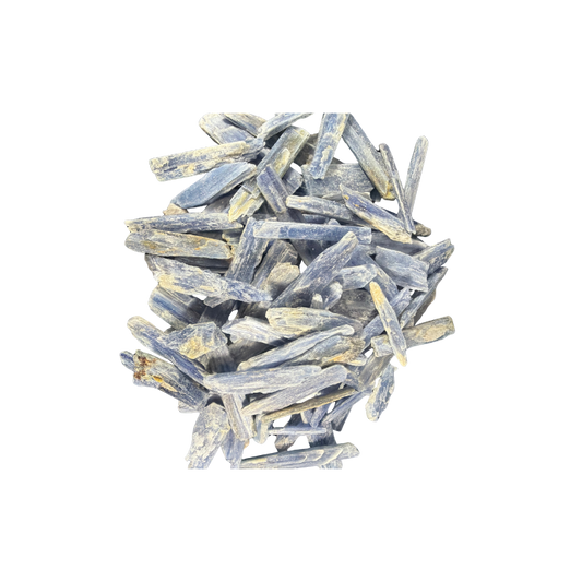 Natural blue Kyanite stone pieces with denim blue, indigo, and silvery gray blade-like mineral textures