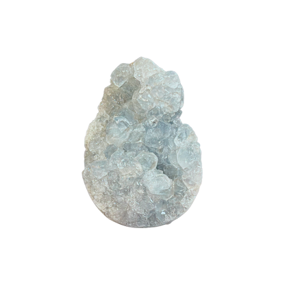 Natural pale blue Celestite geode with sparkling crystal formations and rounded mineral base