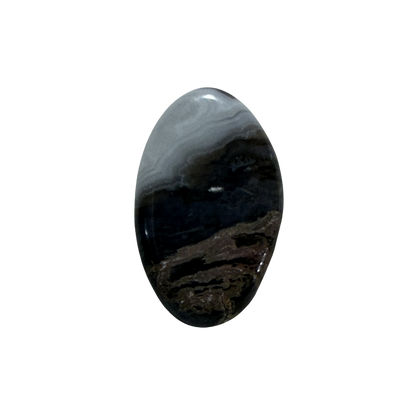 Natural Chalcedony Agate Cabochon front view with cream, brown, gray, and white natural banding