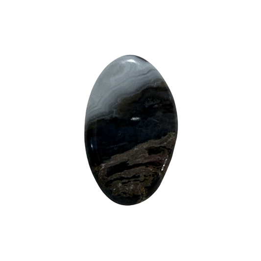 Natural Chalcedony Agate Cabochon front view with cream, brown, gray, and white natural banding