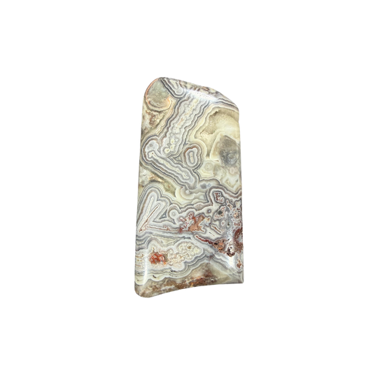 Natural Crazy Lace Agate cabochon featuring intricate cream, tan, gray, and golden banding, polished for jewelry making.