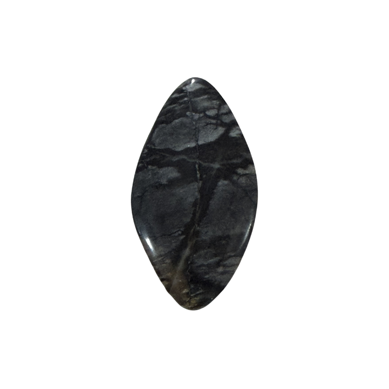 Natural Picasso Jasper cabochon featuring distinctive black, gray, cream, and tan line patterns, polished for jewelry making and wire wrapping.
