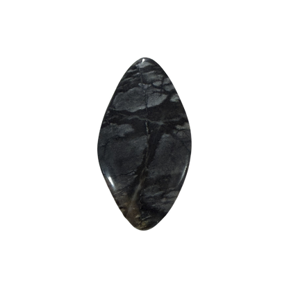 Natural Picasso Jasper cabochon featuring distinctive black, gray, cream, and tan line patterns, polished for jewelry making and wire wrapping.