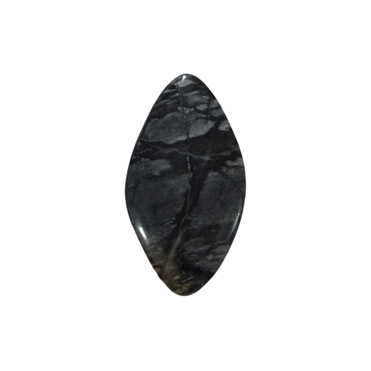 Natural Picasso Jasper cabochon featuring distinctive black, gray, cream, and tan line patterns, polished for jewelry making and wire wrapping.