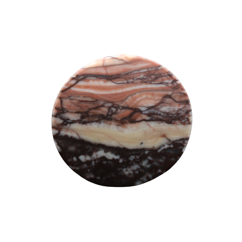Round hand-cut Picasso Jasper cabochon with rust, cream, peach and dark brown layered patterns