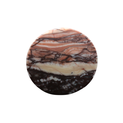 Round hand-cut Picasso Jasper cabochon with rust, cream, peach and dark brown layered patterns