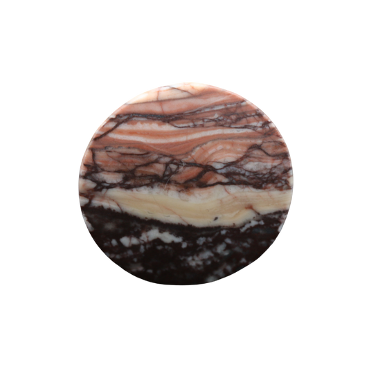 Round hand-cut Picasso Jasper cabochon with rust, cream, peach and dark brown layered patterns