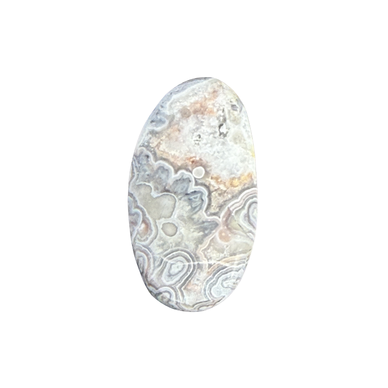 One-of-a-kind Crazy Lace Agate cabochon displaying detailed lace-like banding and earthy natural colors.