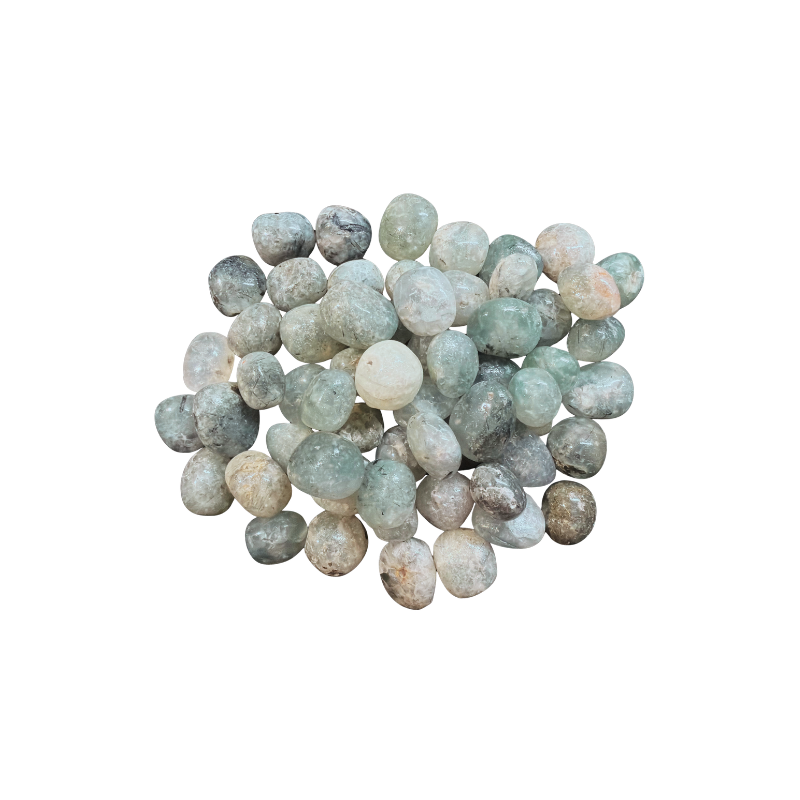 Natural Prehnite with Epidote tumbled stones featuring soft green coloring with dark green and black mineral inclusions