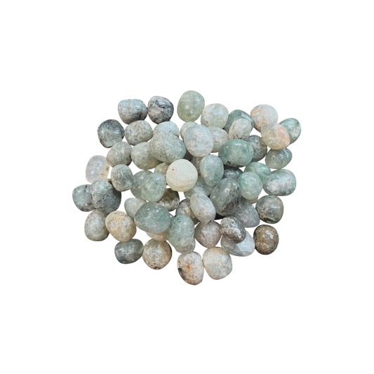 Natural Prehnite with Epidote tumbled stones featuring soft green coloring with dark green and black mineral inclusions