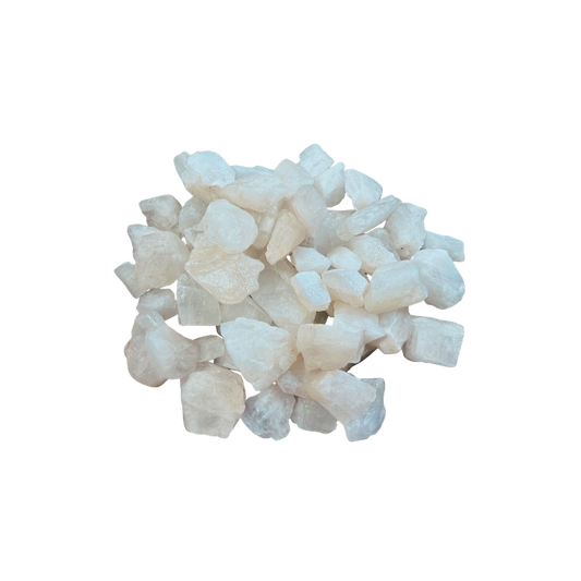 Natural raw Moonstone pieces with creamy white, pale gray, and soft translucent mineral tone