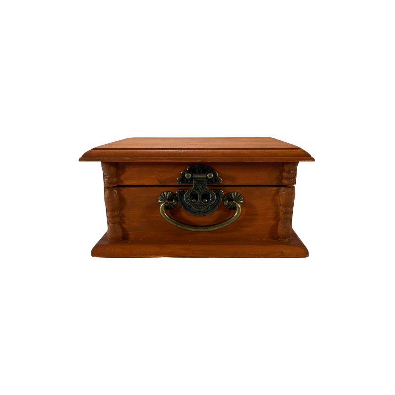 Raw sienna wooden treasure box with vintage metal hardware, customizable with engraving and individually selected stones