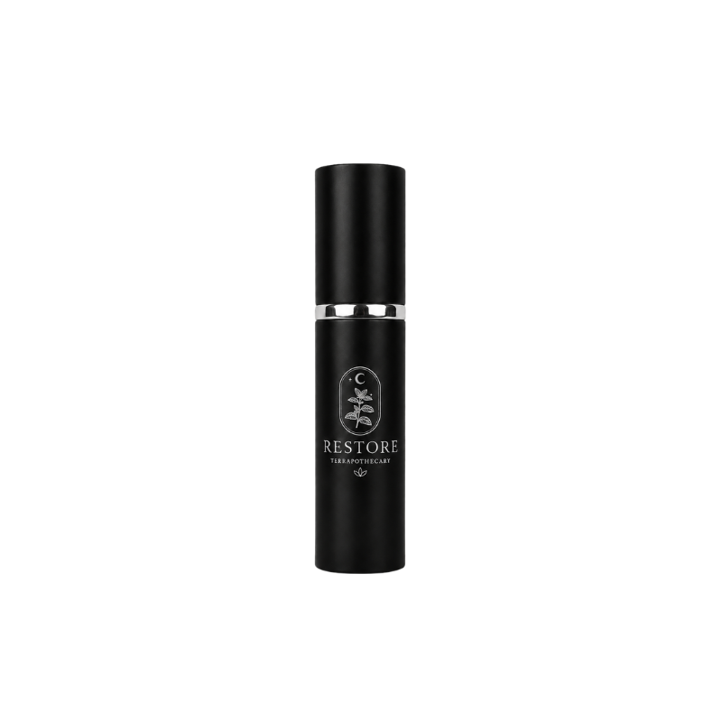 Restore essential oil blend in a 10 ml spray bottle made with pure essential oils to encourage balance, renewal, and everyday wellness.