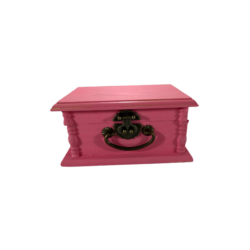 Rose pink wooden stone treasure box with vintage-style metal latch and handle, available with custom engraving
