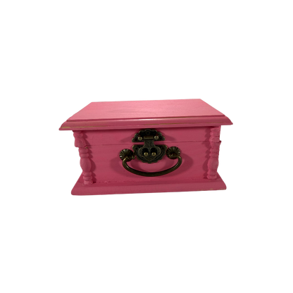 Rose pink wooden stone treasure box with vintage-style metal latch and handle, available with custom engraving