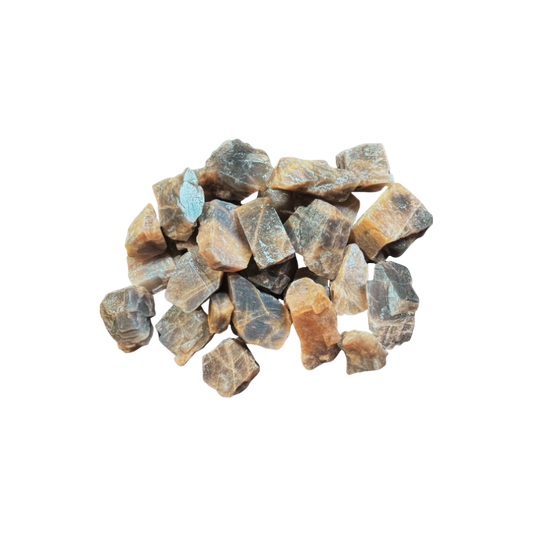 Natural rough Tanzanian Sunstone pieces with peach, copper, golden orange, and earthy mineral tones