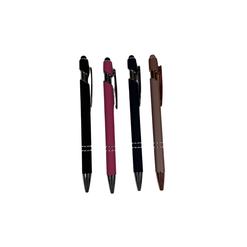 Collection of personalized engraved metal pens available in rose gold, pink, blue, and black, designed for thoughtful gifts and everyday writing.