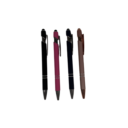 Collection of personalized engraved metal pens available in rose gold, pink, blue, and black, designed for thoughtful gifts and everyday writing.