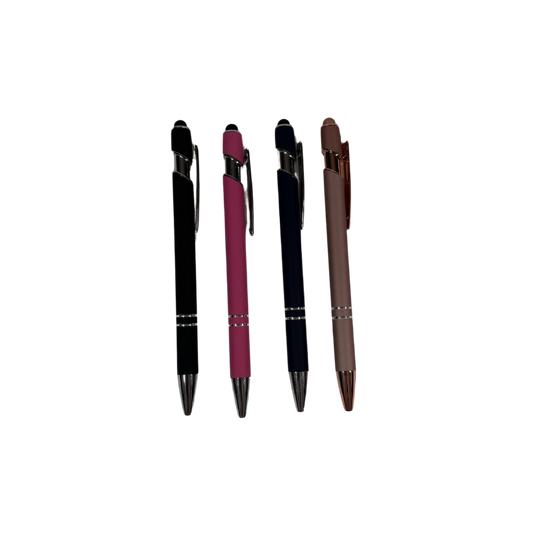 Collection of personalized engraved metal pens available in rose gold, pink, blue, and black, designed for thoughtful gifts and everyday writing.