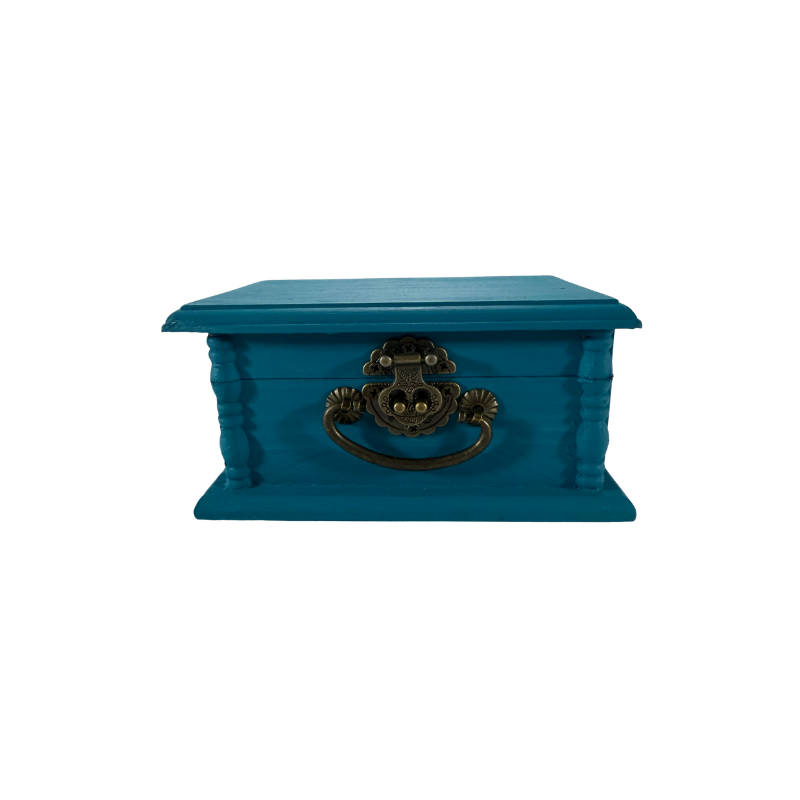 Turquoise blue wooden stone treasure box with antique-style metal hardware for creating a personalized stone collection