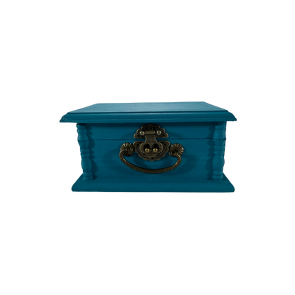 Turquoise blue wooden stone treasure box with antique-style metal hardware for creating a personalized stone collection
