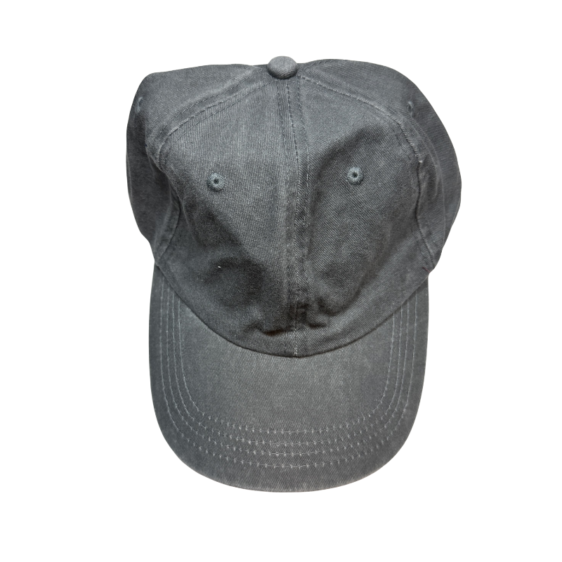 Personalized washed gray baseball cap with a laser-engraved leather patch, combining comfort with custom style.