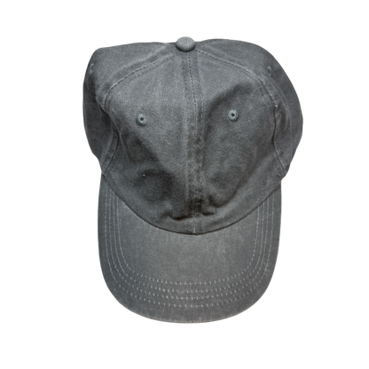 Personalized washed gray baseball cap with a laser-engraved leather patch, combining comfort with custom style.