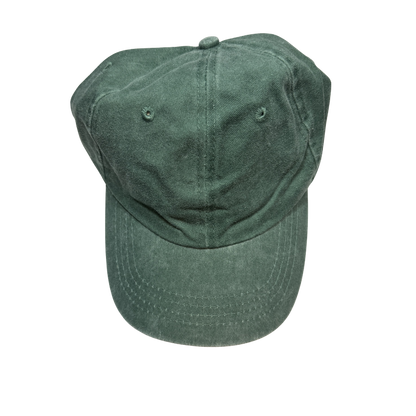 Personalized washed green baseball cap featuring a custom laser-engraved leather patch for a classic rustic look.