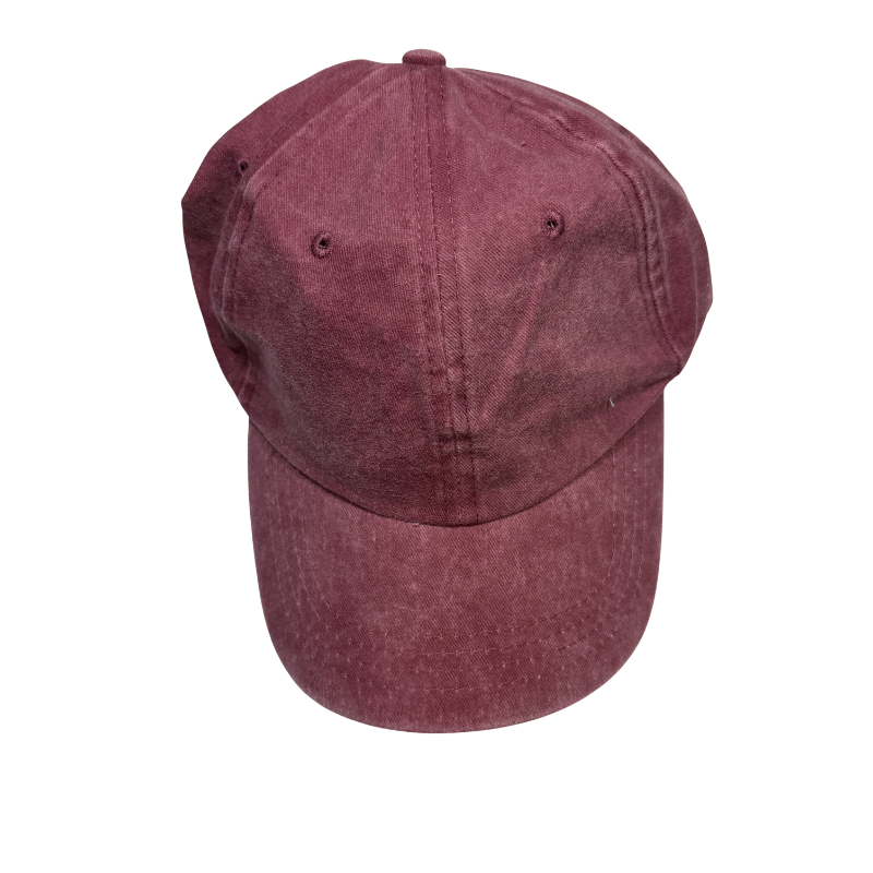 Personalized washed red baseball cap with a custom engraved leather patch, designed for everyday style and personalized gifts.