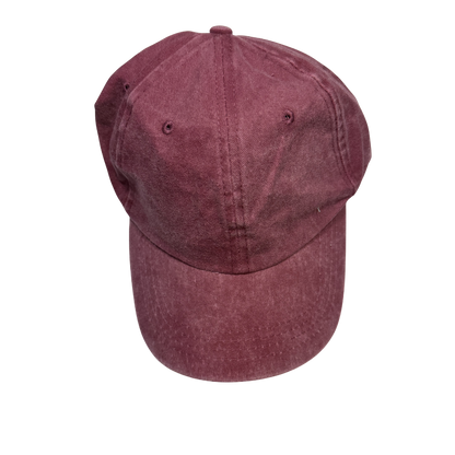 Personalized washed red baseball cap with a custom engraved leather patch, designed for everyday style and personalized gifts.