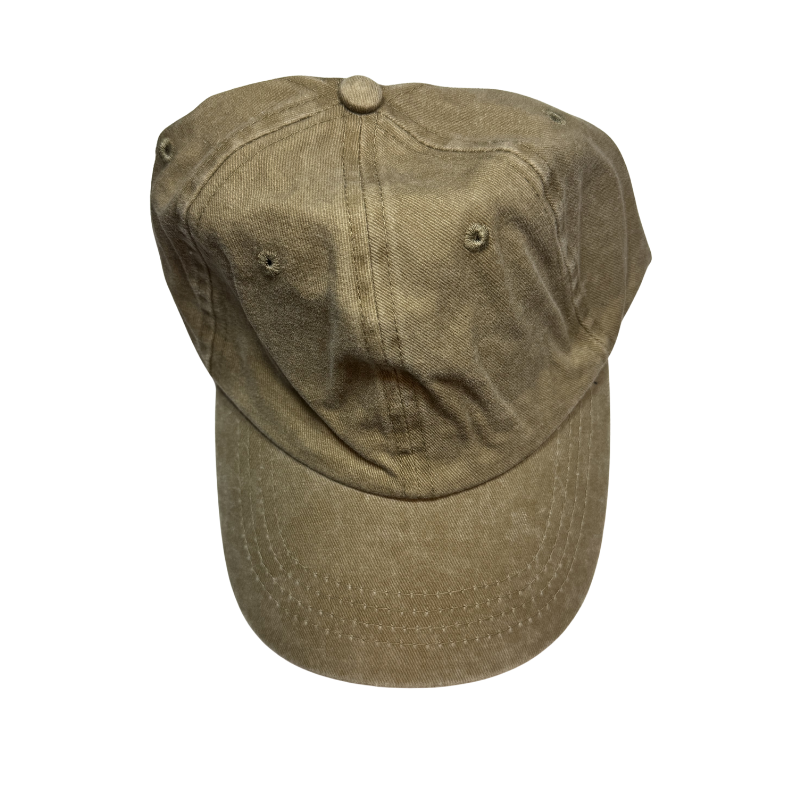 Personalized washed tan baseball cap featuring a custom laser-engraved leather patch for a timeless outdoor look.