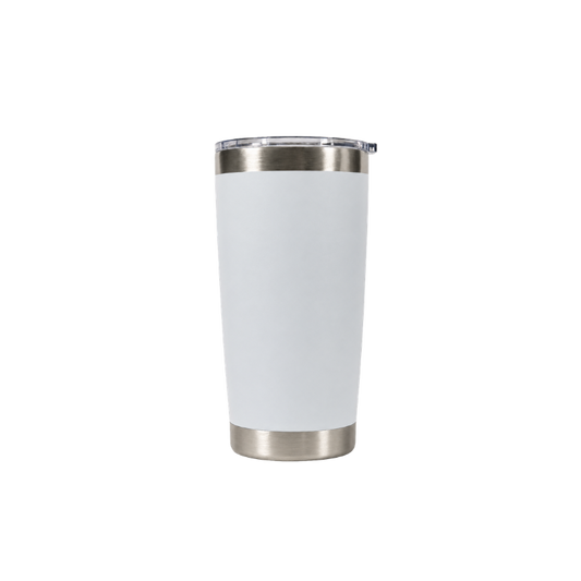 Personalized white stainless steel tumbler with custom laser engraving, designed for hot and cold beverages and thoughtful personalized gifts.