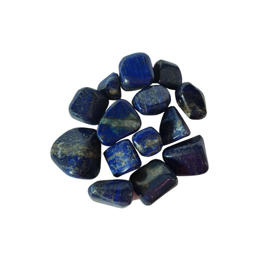 High-grade Lapis Lazuli tumbled stones with rich royal blue color, natural golden pyrite flecks, and polished surfaces