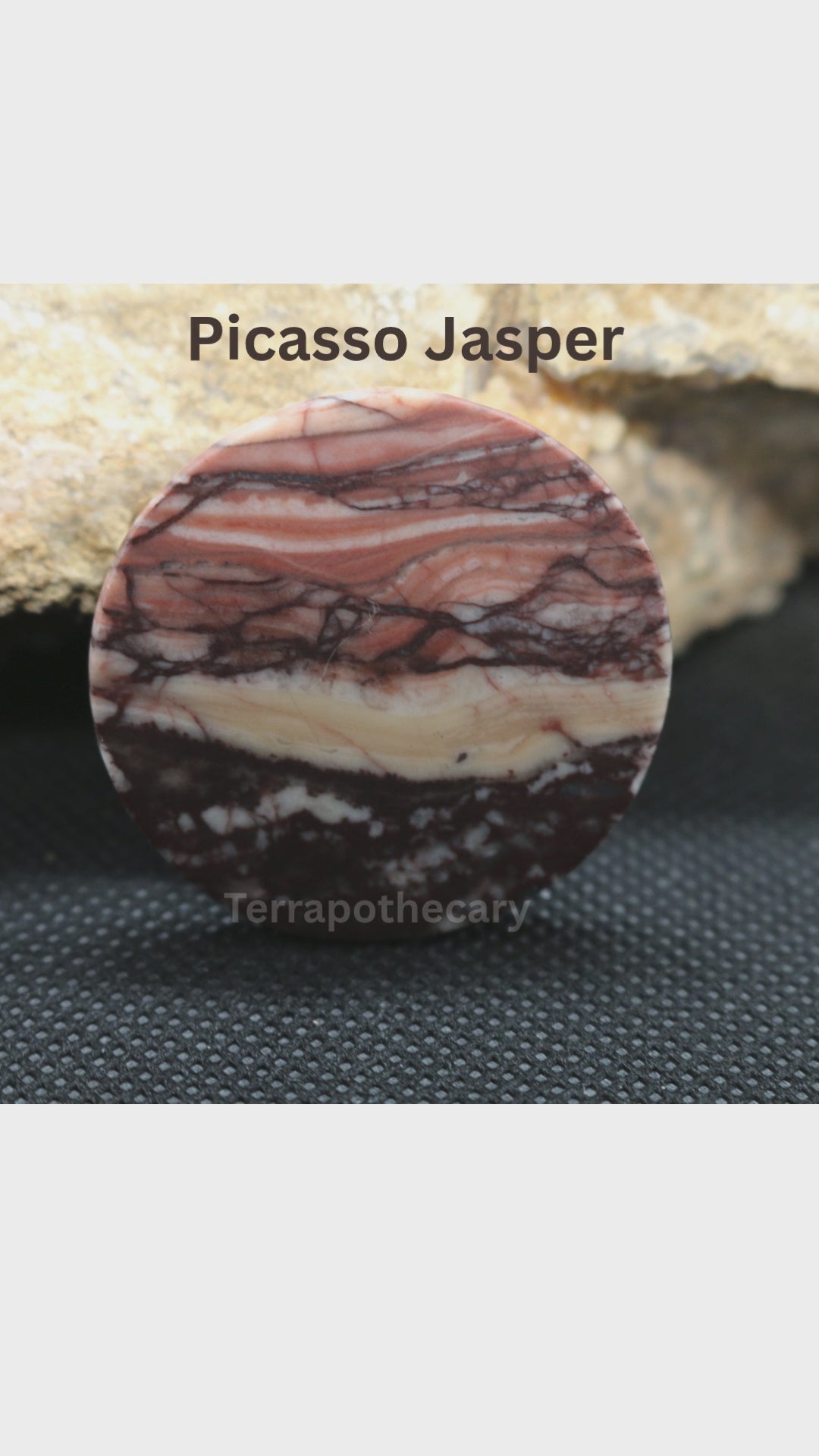 Video showing a hand-cut round Picasso Jasper cabochon with flowing layers of peach, rust, cream and dark brown, polished by Jody at Terrapothecary.