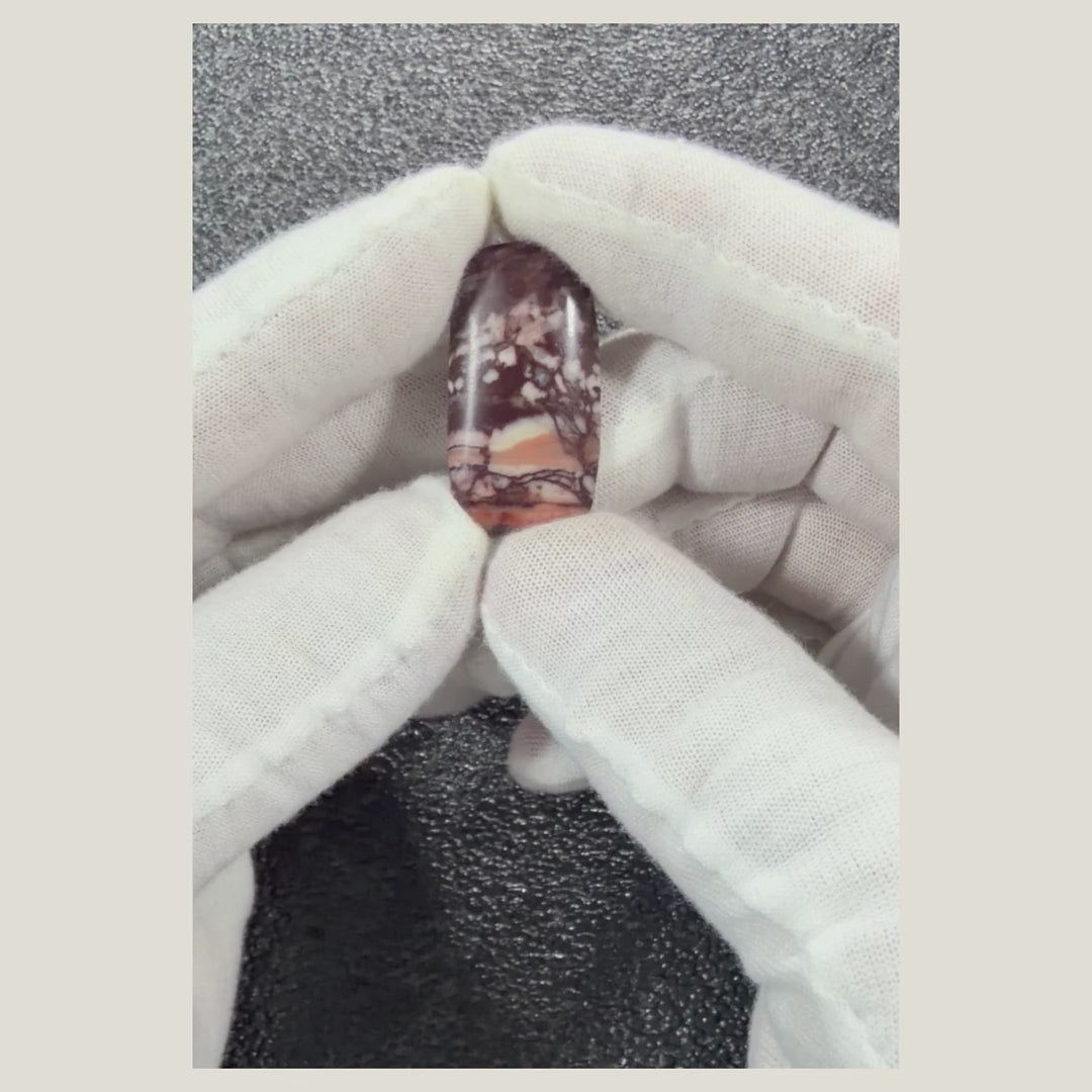 Rotating video showcasing a genuine Picasso Jasper cabochon with distinctive artistic veining and natural earth-tone colors.