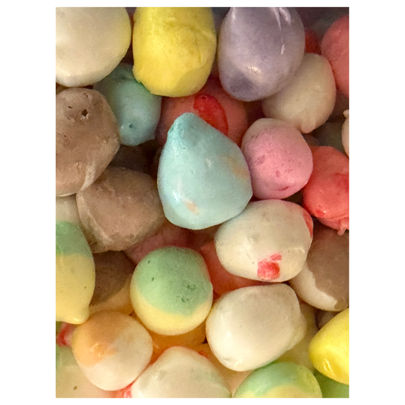 freeze-dried salt water taffy transformed into a light, airy, crunchy candy with colorful assorted flavors.