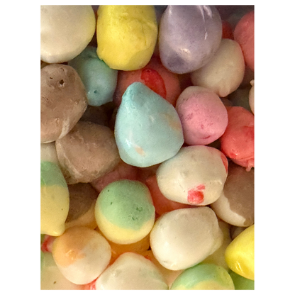 freeze-dried salt water taffy transformed into a light, airy, crunchy candy with colorful assorted flavors.