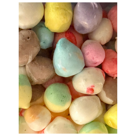 freeze-dried salt water taffy transformed into a light, airy, crunchy candy with colorful assorted flavors.
